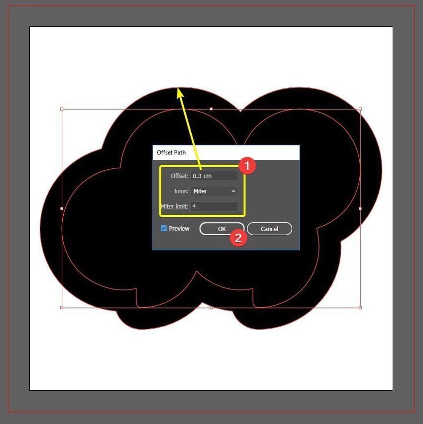  ตอนนี้ถึงเวลาสร้างระยะขอบแล้ว ในส่วน “Offset” ให้ใส่ค่าเป็น 0.3 ซม. ทำเครื่องหมายที่ช่อง “ Preview” แล้วคลิก OK ขั้นตอนนี้จะทำให้งานอาร์ตเวิร์คของคุณใหญ่กว่าต้นฉบับ 0.3 ซม. คุณสามารถใส่ค่าอื่นได้ตามผลลัพธ์ที่คุณต้องการ